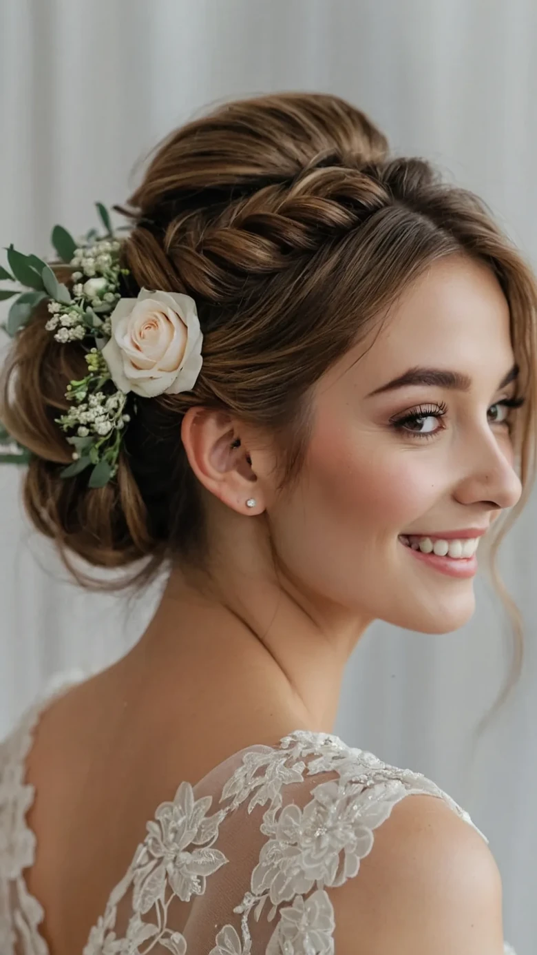Romantic braided updo with floral accent