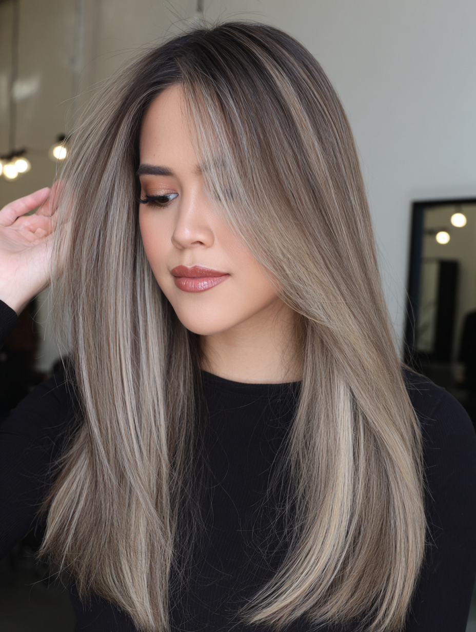 Cool ash blonde highlights on straight hair