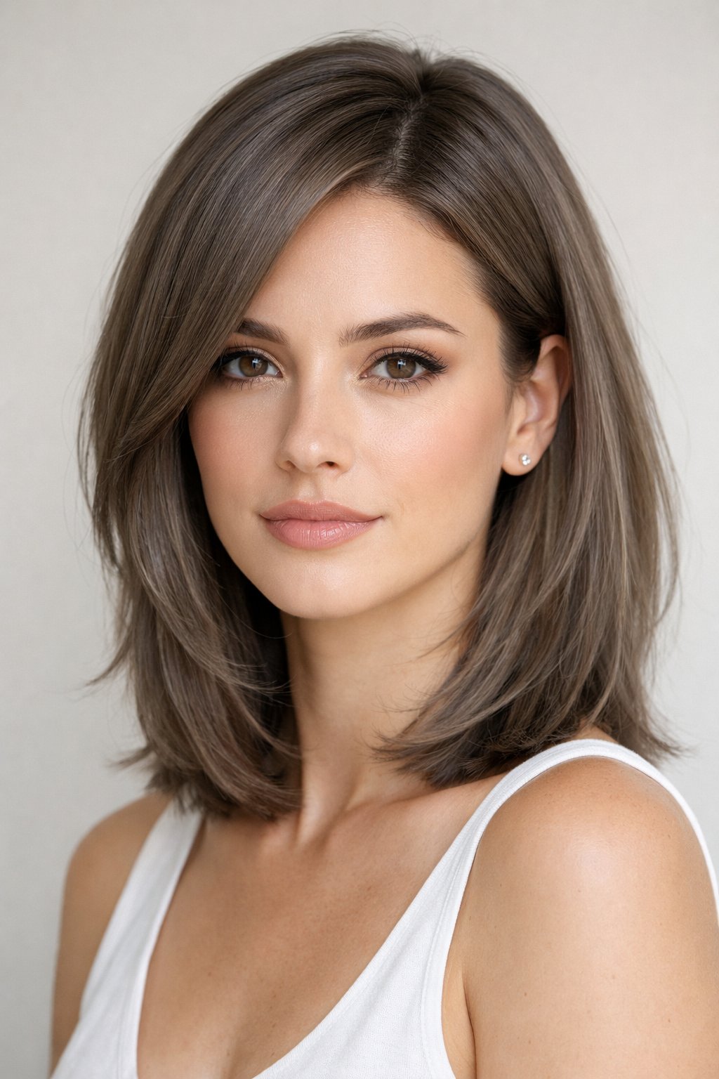 Sleek ash brown lob with subtle highlights