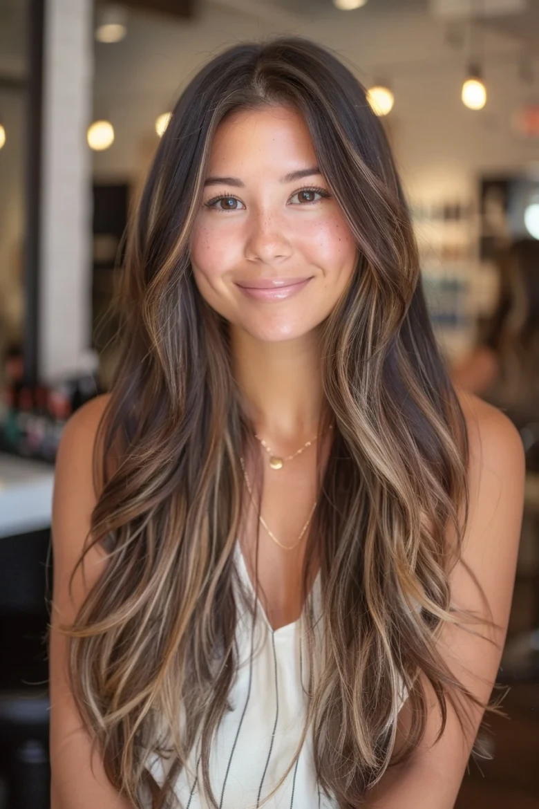 Golden bronde balayage on long layered hair