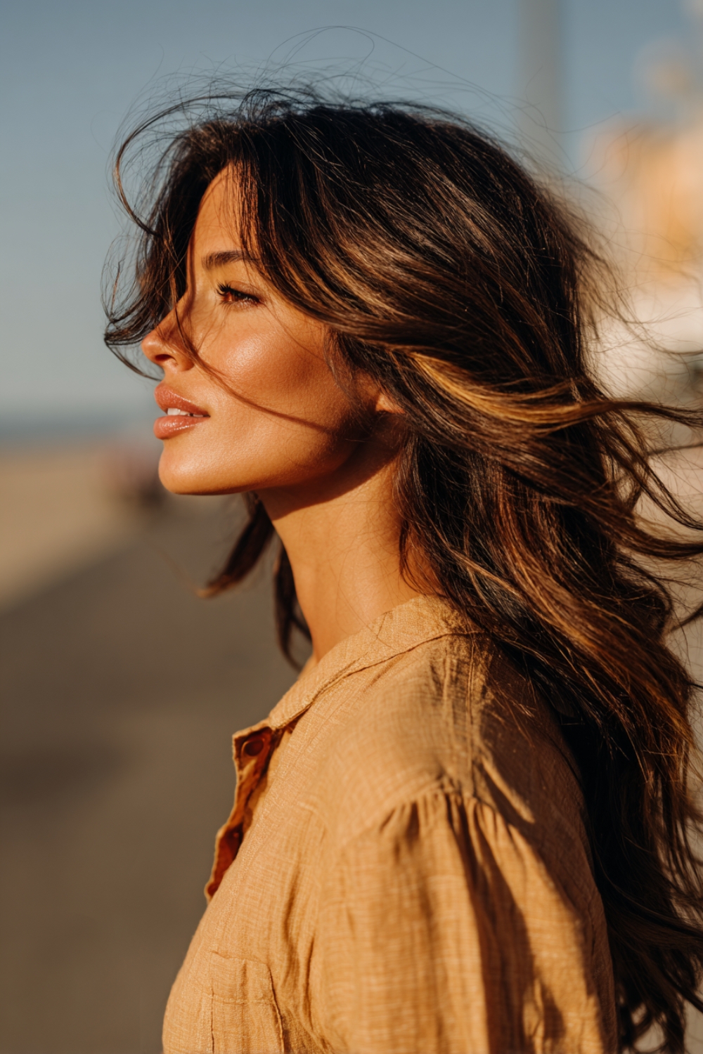 Wind-swept brunette waves with highlights
