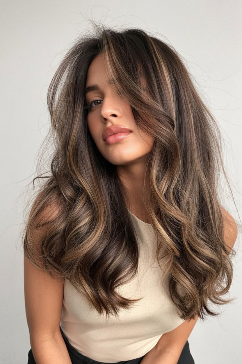 Voluminous brunette curls with balayage highlights