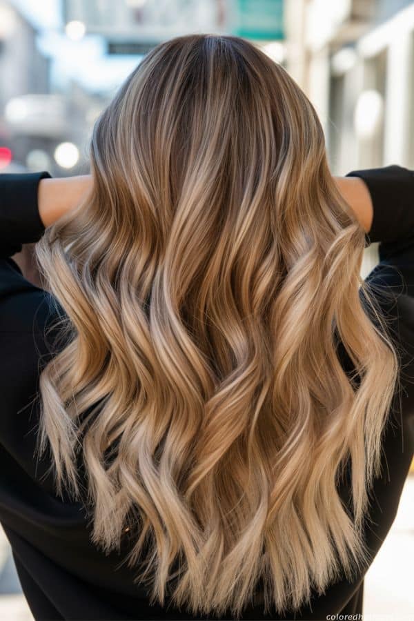 Soft blonde balayage on long curls