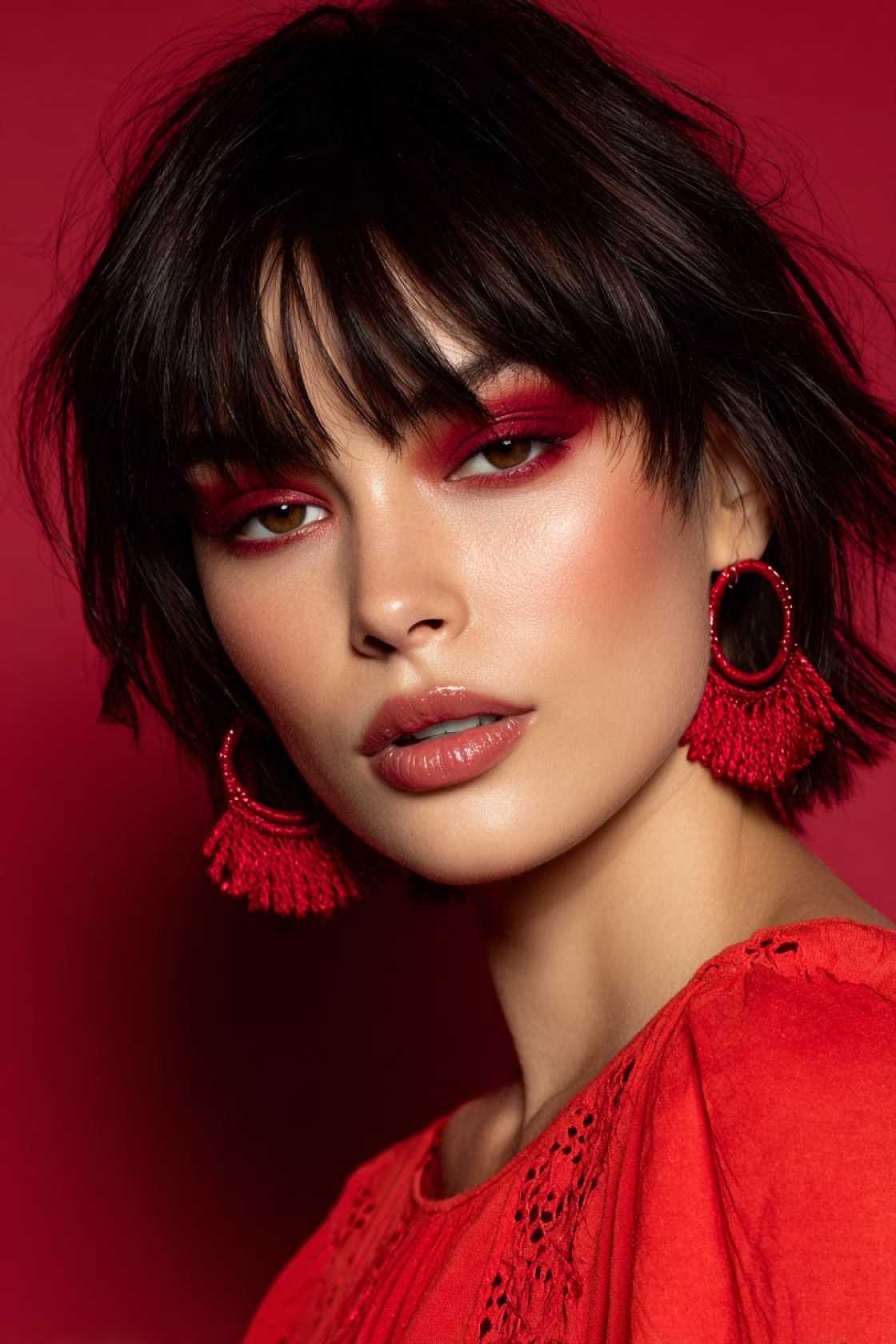 Bold cherry pixie haircut with bangs