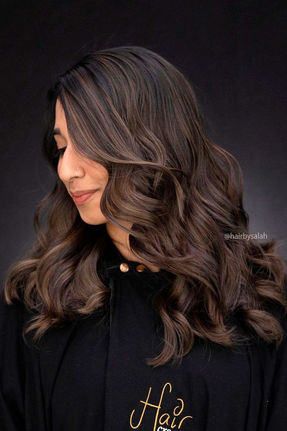 Soft chocolate cherry balayage with curls