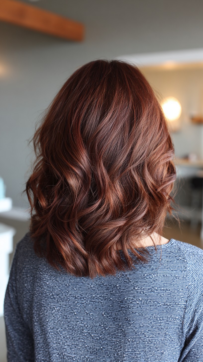 Textured chocolate cherry lob with soft waves