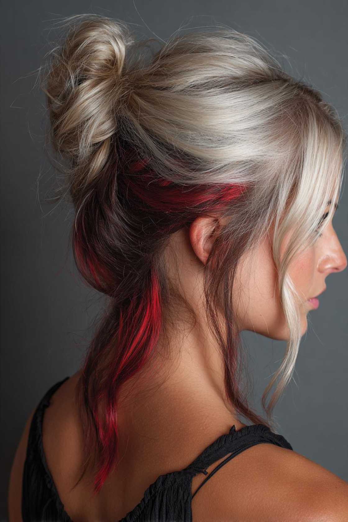 Blonde hair with cherry red peekaboo highlights
