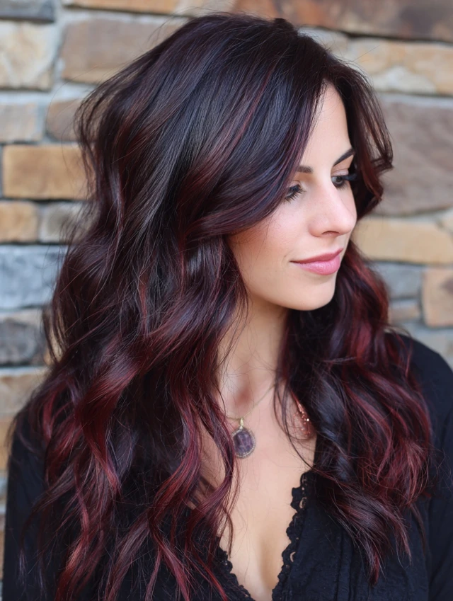 Dynamic cherry highlights in dark hair