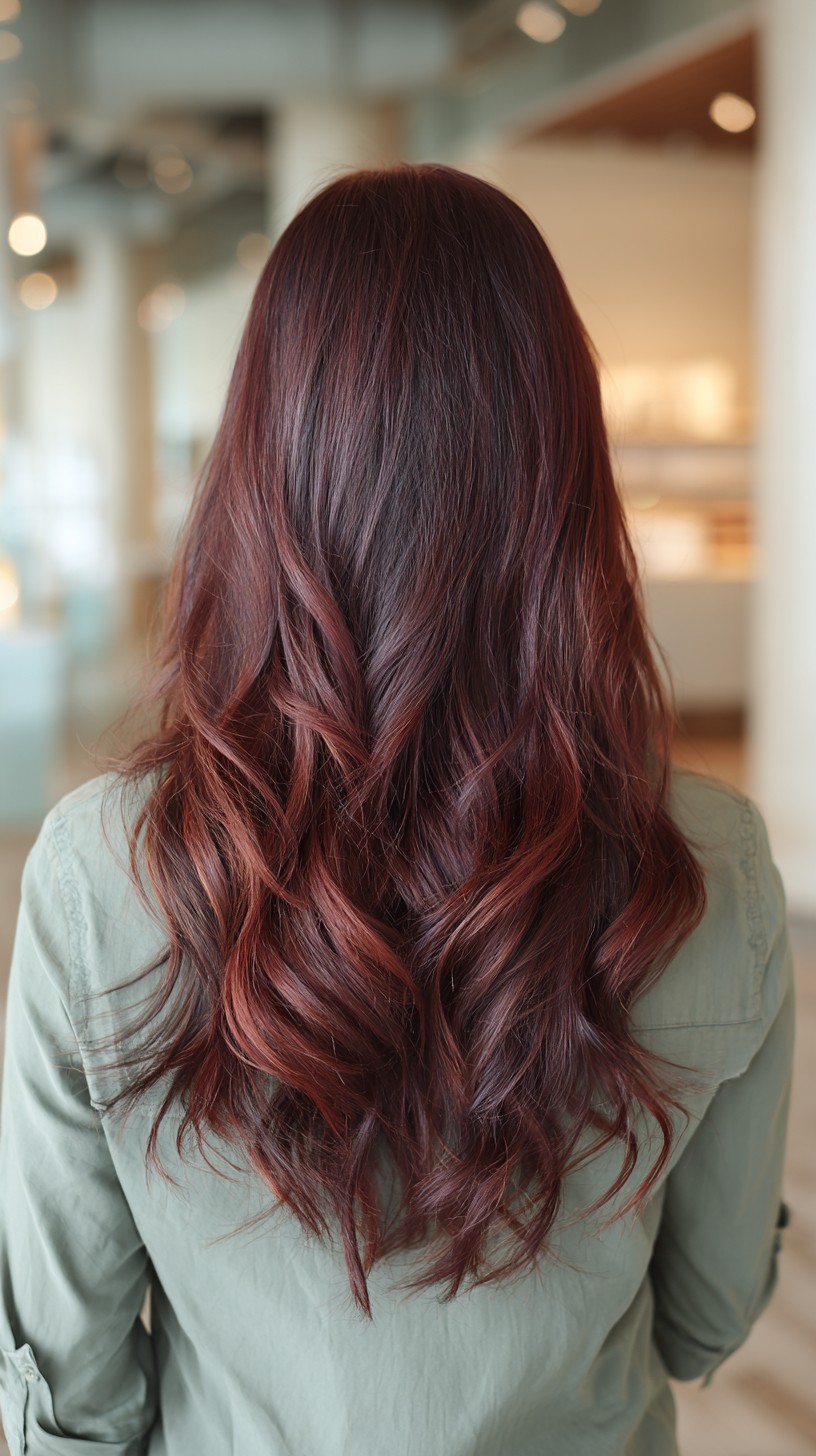 Long, layered chocolate cherry hair with curls