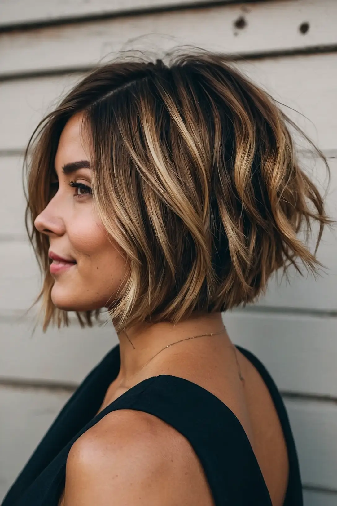 Choppy bob with tousled layers and highlights