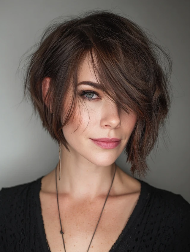Textured choppy bob with side-swept bangs