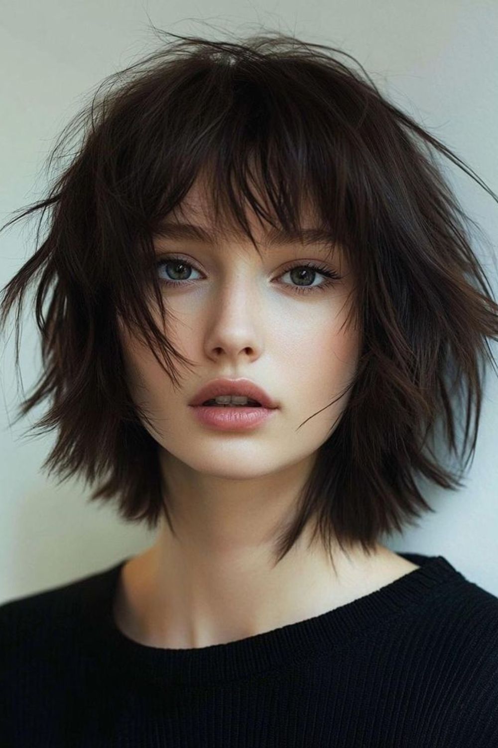 Shaggy choppy bob with wispy bangs