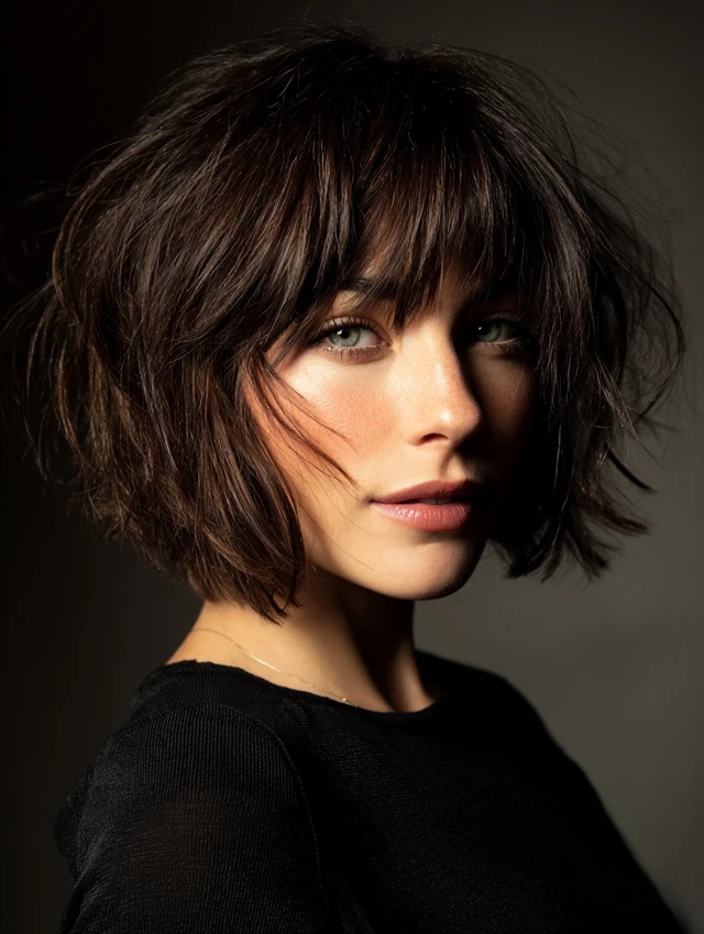 Voluminous choppy bob with full bangs
