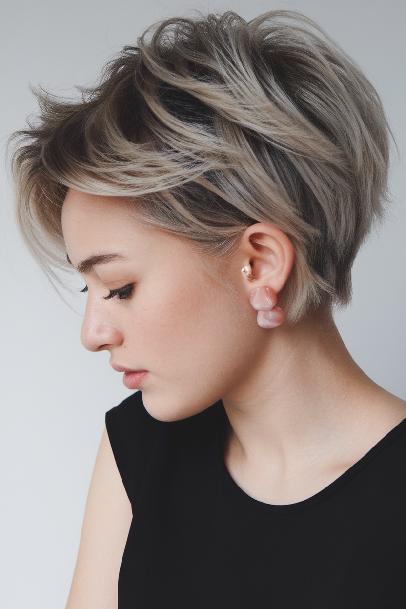 Short ash blonde choppy bob with sleek finish