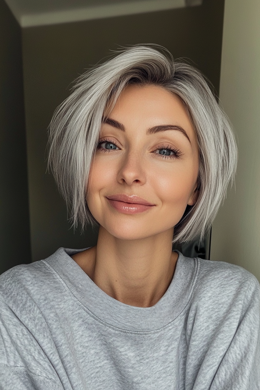 Sleek silver choppy bob with modern edge