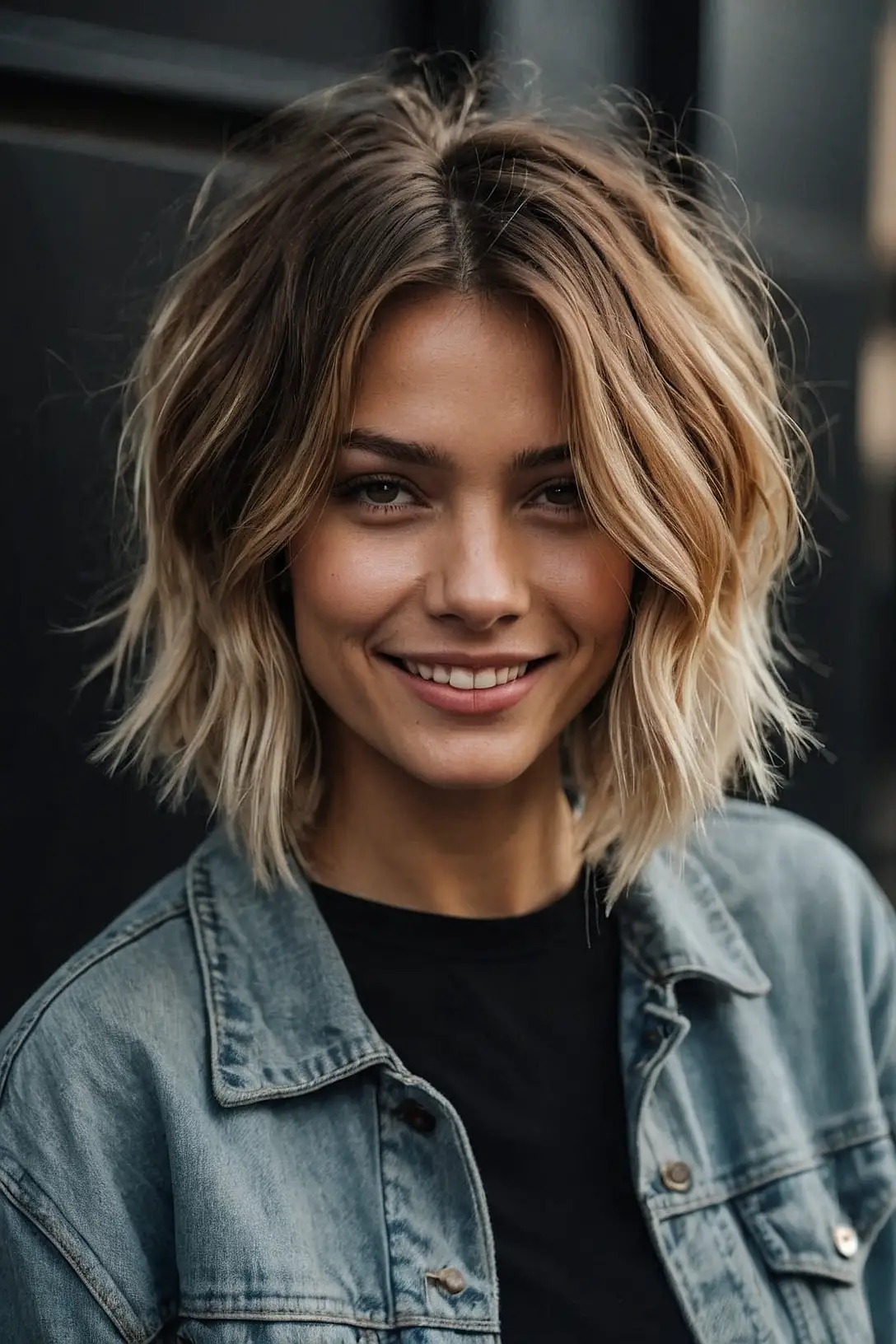 Beachy waves choppy bob with balayage highlights