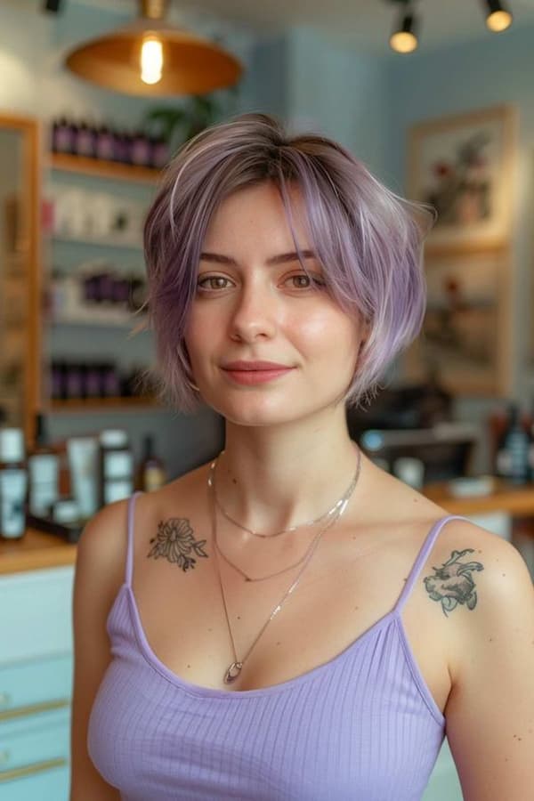 Pastel lavender choppy bob with soft waves