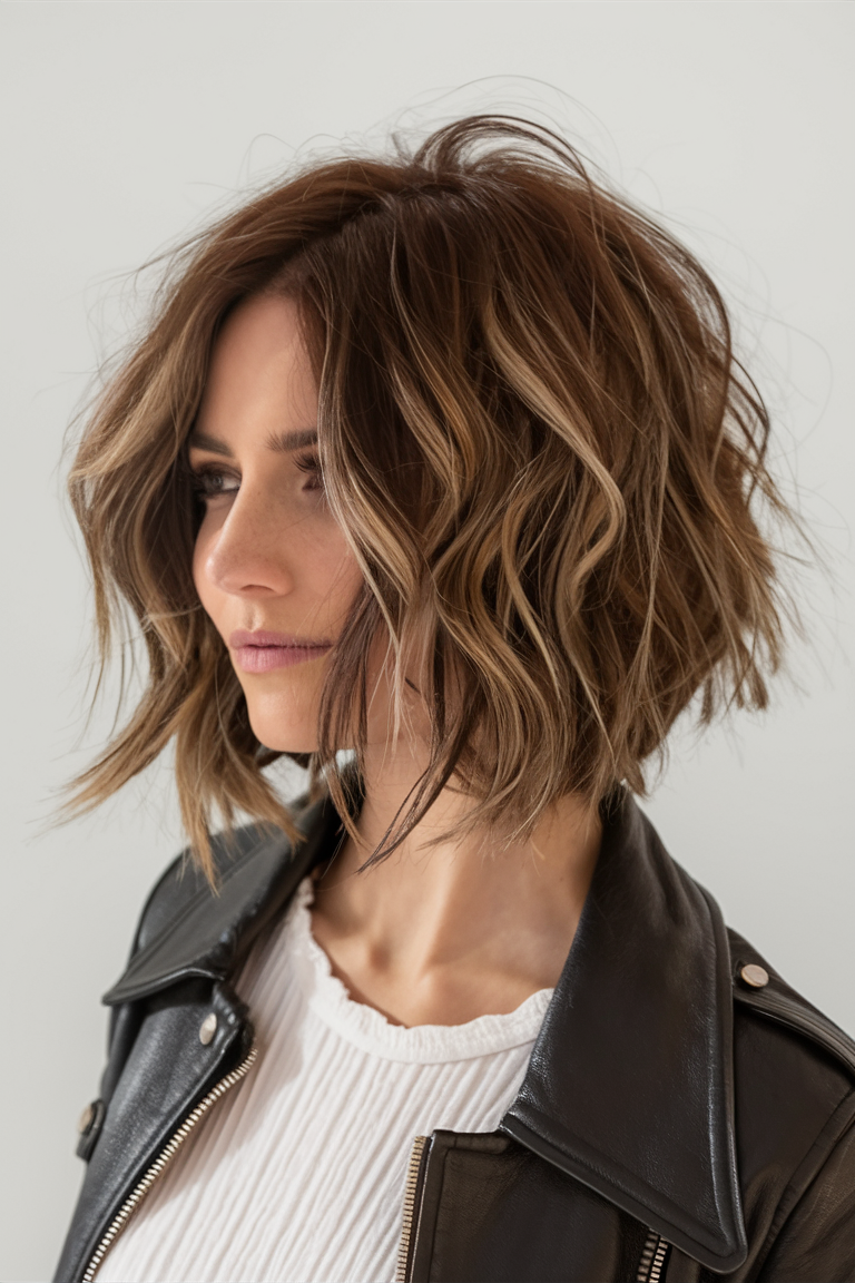 Textured wavy bob with dark blonde highlights