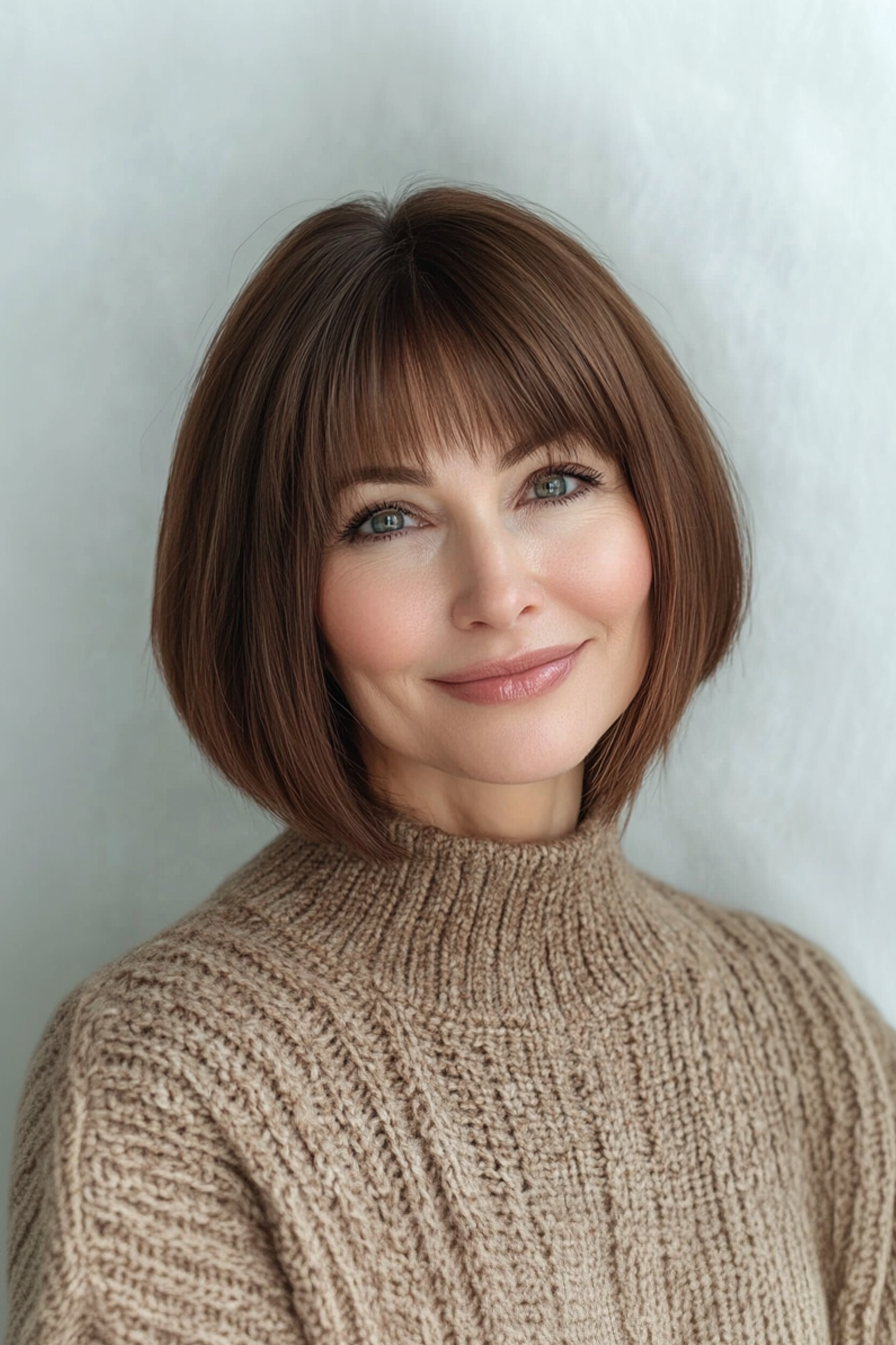 Sleek bob with blunt bangs and smooth finish