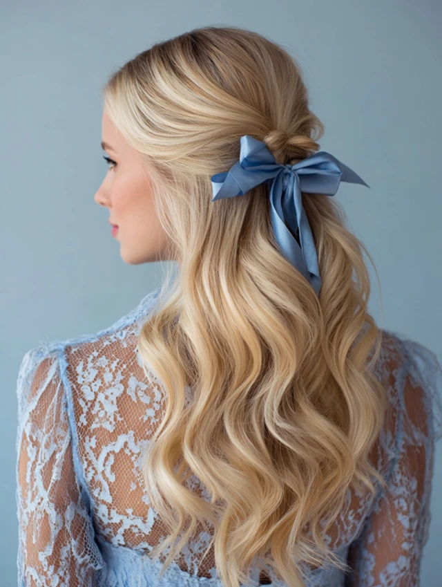 Elegant waves with blue ribbon, spring hairstyle inspiration