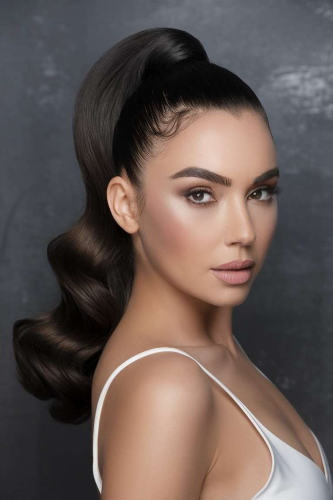 Sculpted high ponytail with sleek waves, modern hairstyle