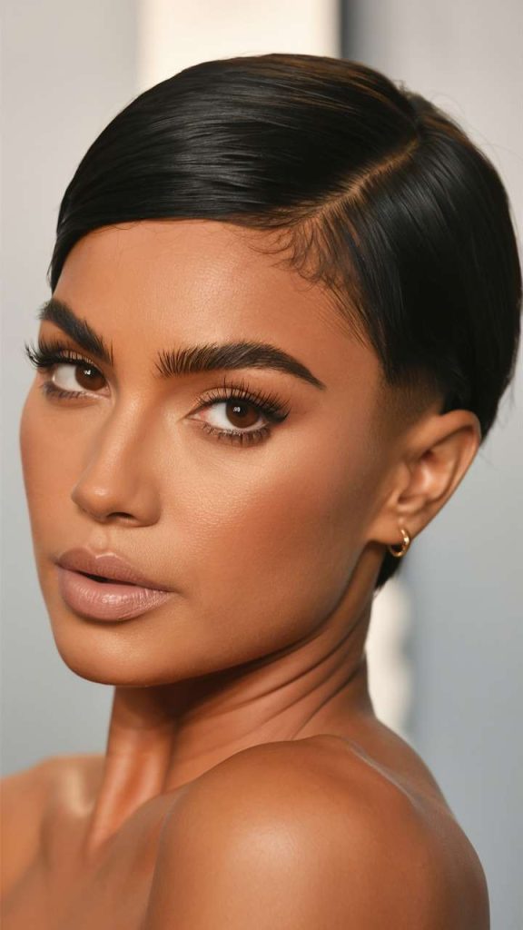 Sleek pixie cut with side part, minimalist and chic