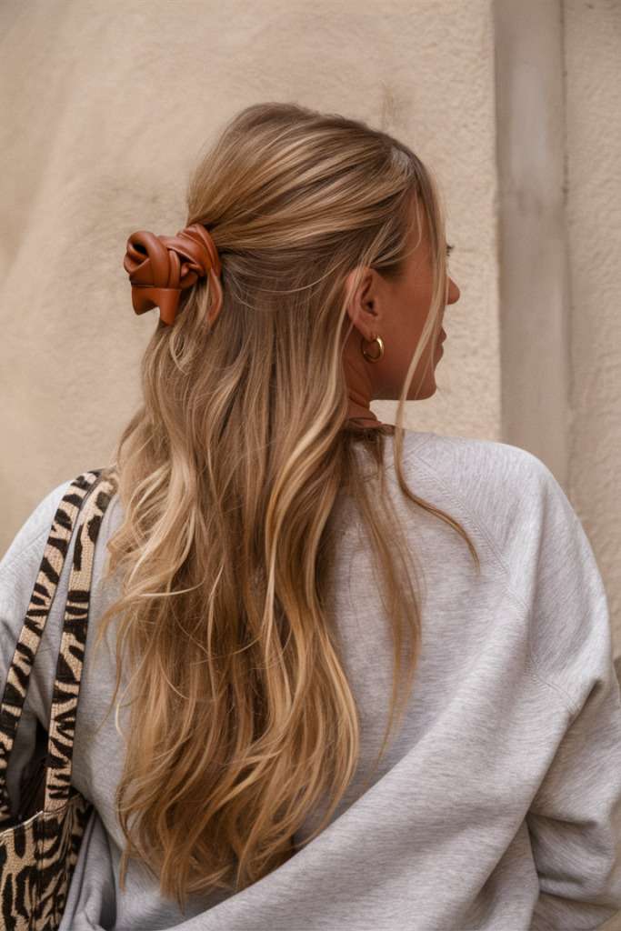 Half-up half-down hairstyle with leather accent, trendy and chic