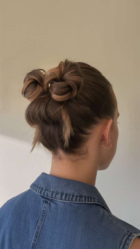 Double bun hairstyle, fun and youthful spring look