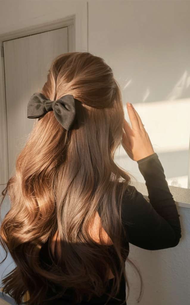 Classic half-up hairstyle with black bow, timeless elegance
