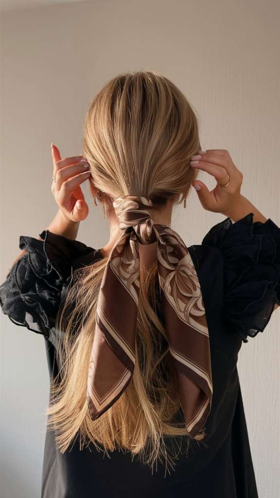 Low ponytail with silk scarf, chic and modern spring hairstyle