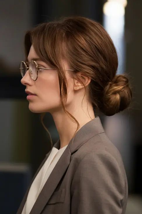 Chic low bun hairstyle with glasses, professional and elegant