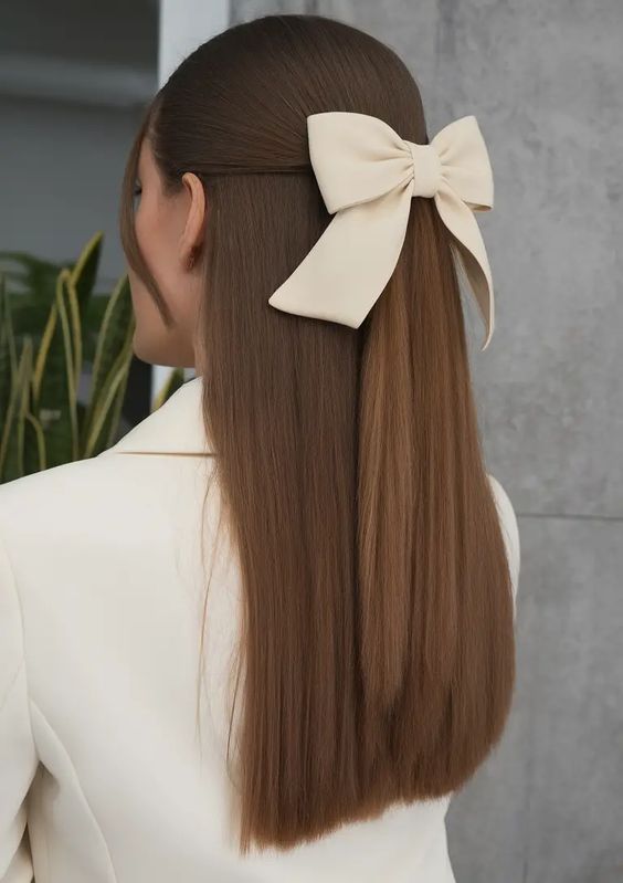 Sleek half-up hairstyle with large creamy bow, sophisticated and modern