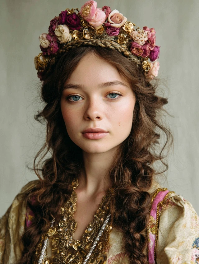 Regal floral crown with braids, enchanting and whimsical hairstyle