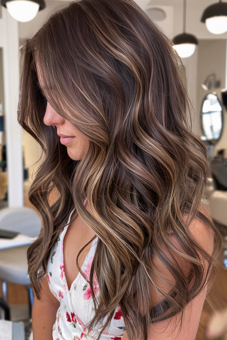 Dark brown hair with caramel highlights, wavy texture