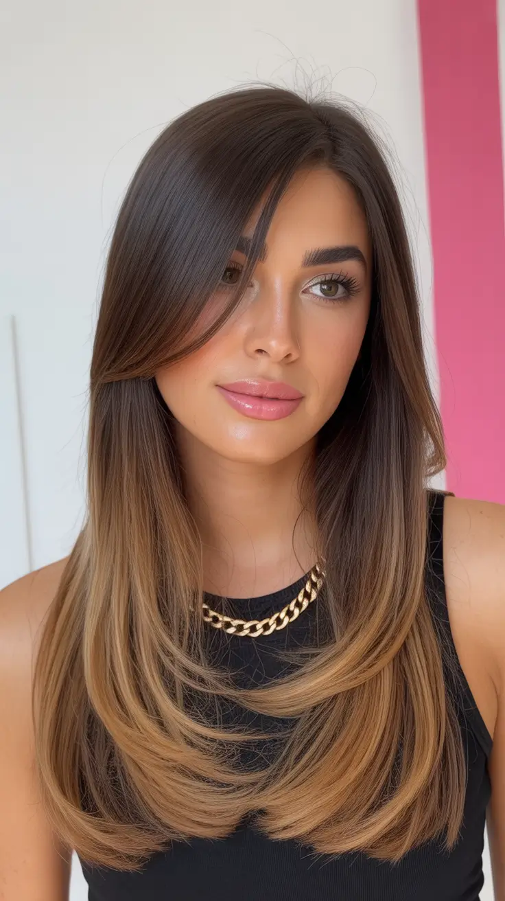 Dark brown hair with ombre highlights, sleek texture