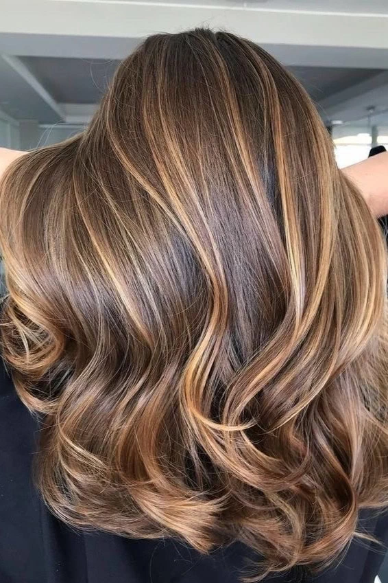 Dark brown hair with soft balayage highlights, natural waves