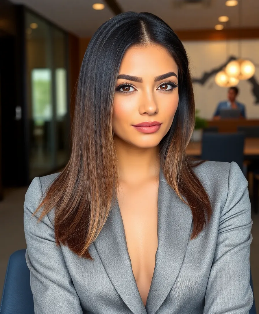 Dark brown hair with subtle highlights, sleek straight texture