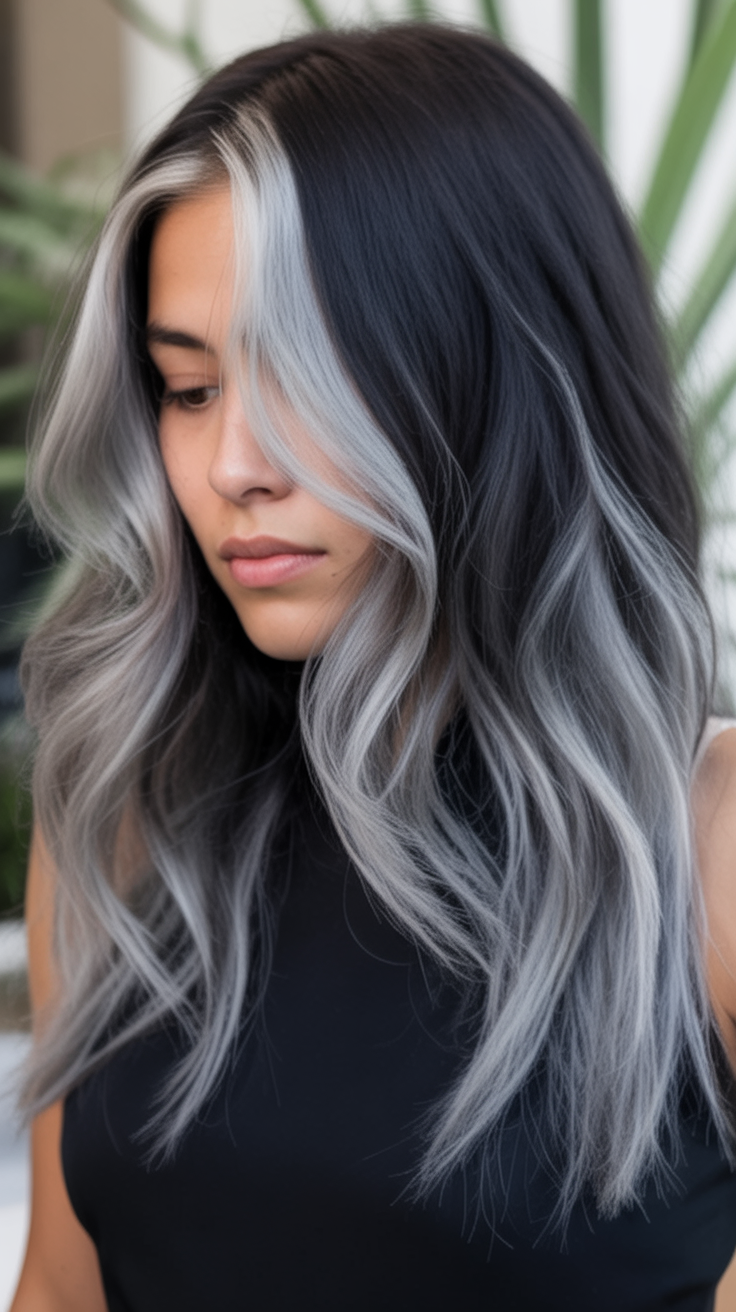 Medium wavy dark hair with bold silver highlights
