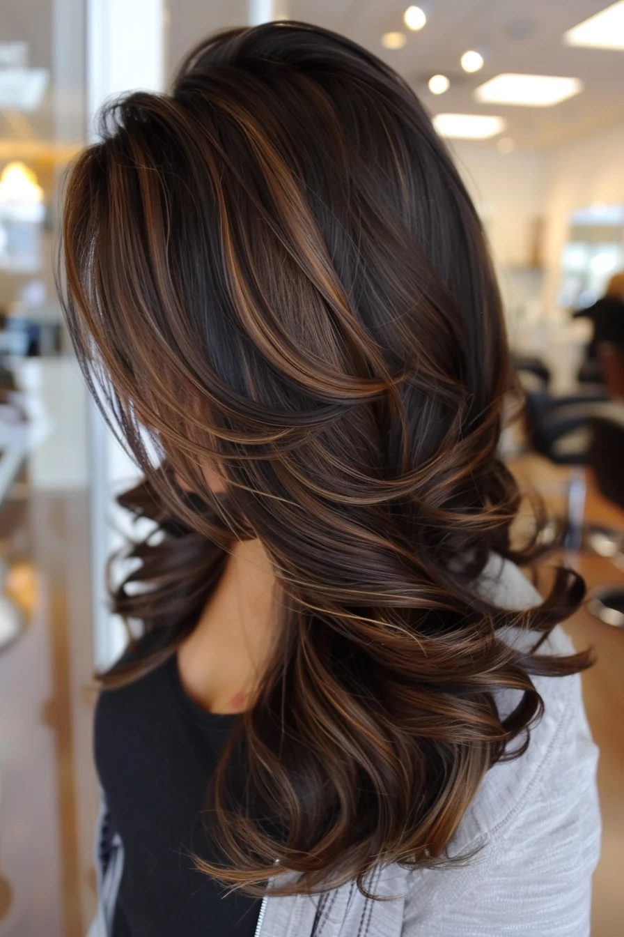 Long curly dark hair with chocolate highlights