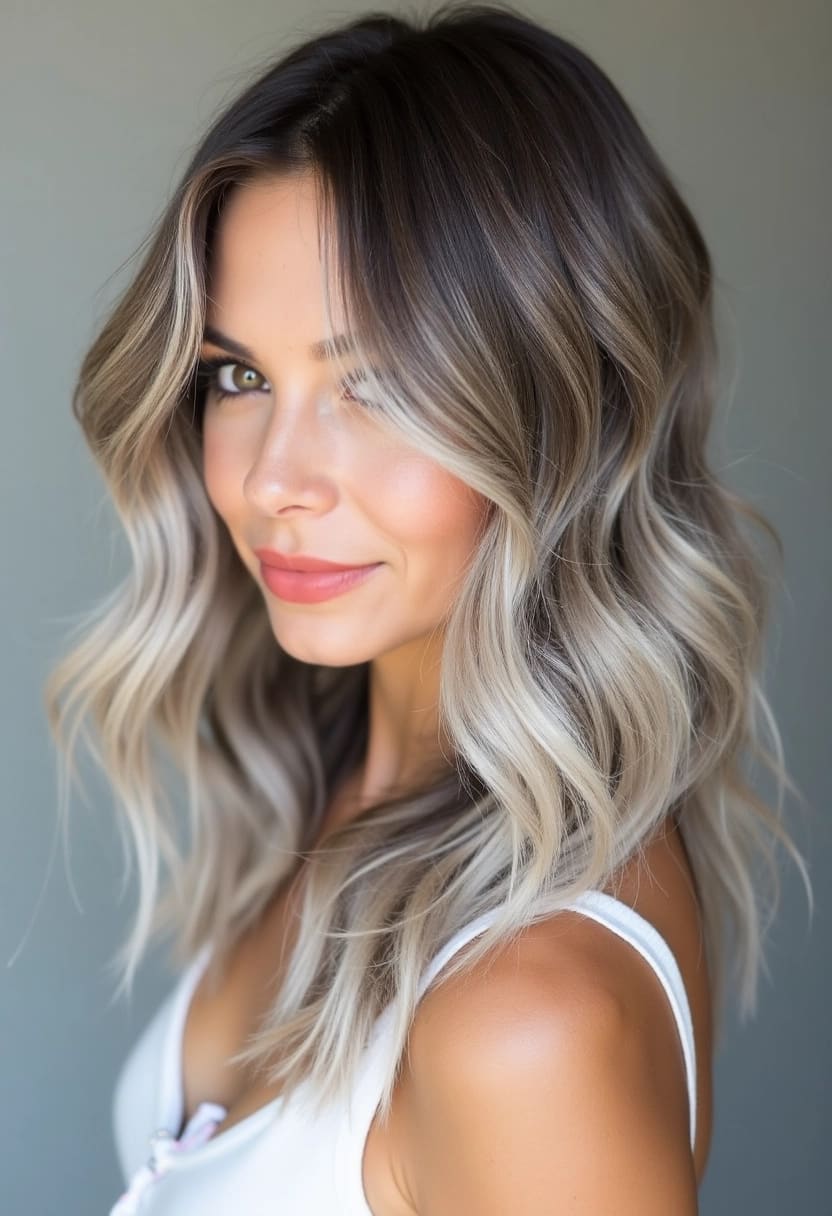 Long wavy hair with ash ombre highlights