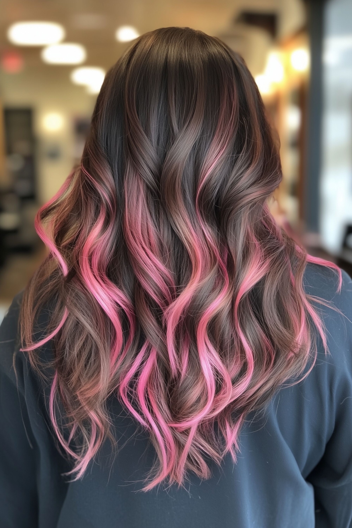 Medium wavy hair with pink highlights