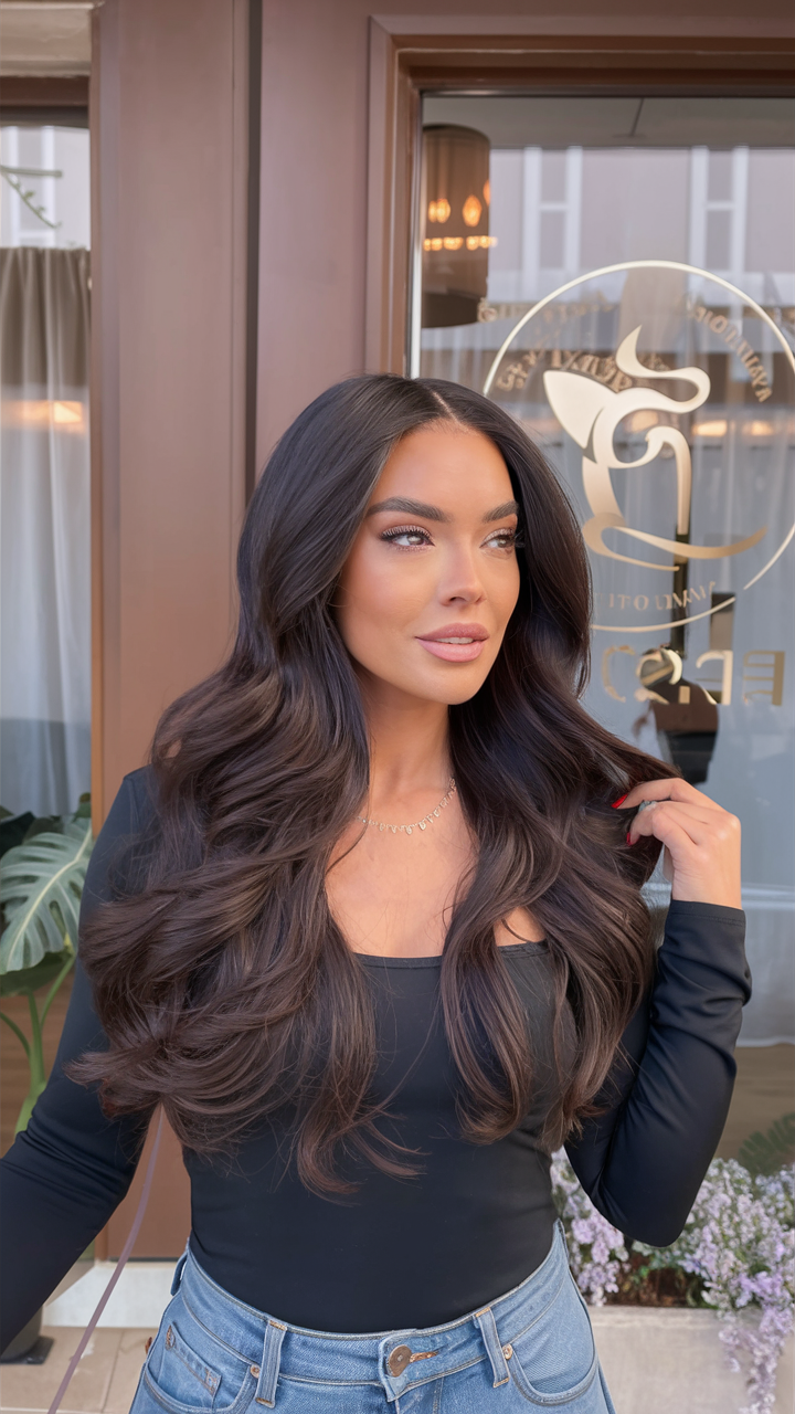 Long voluminous curls with espresso highlights