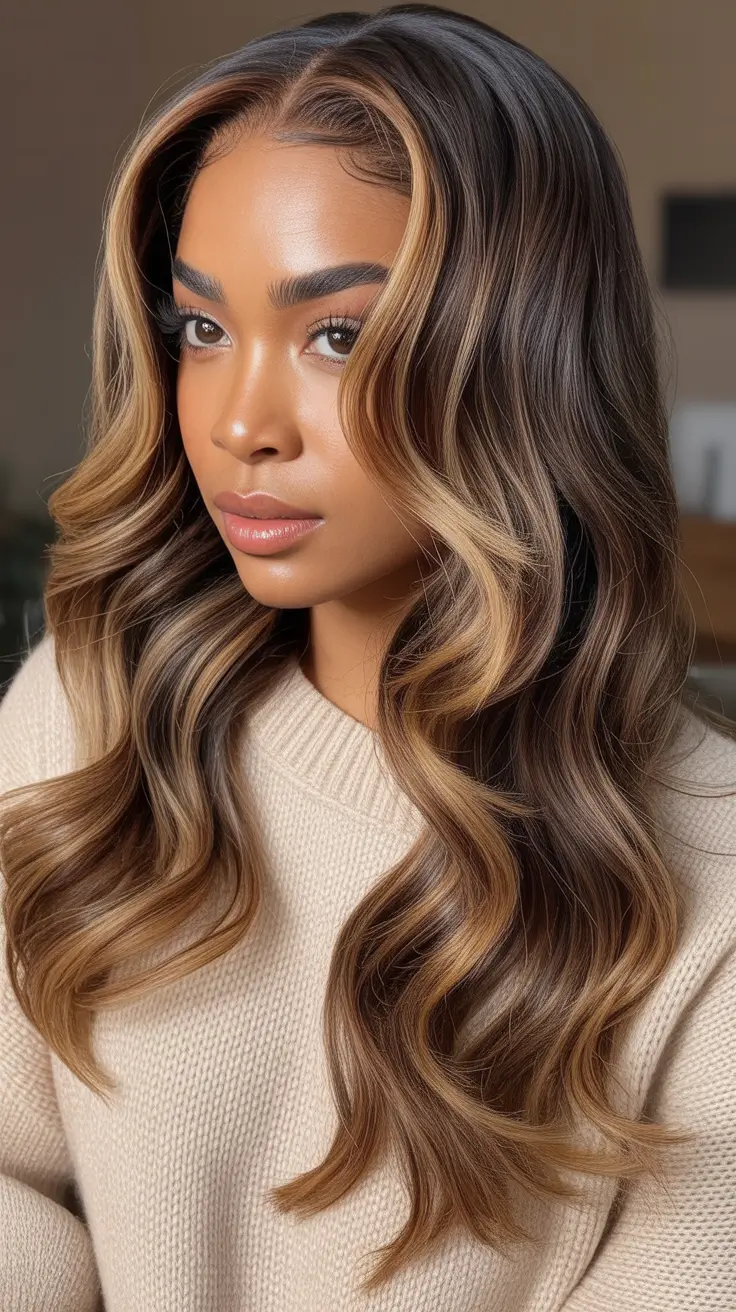 Sunlit chocolate hair with face-framing highlights