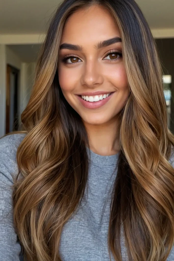 Golden honey balayage on dark hair