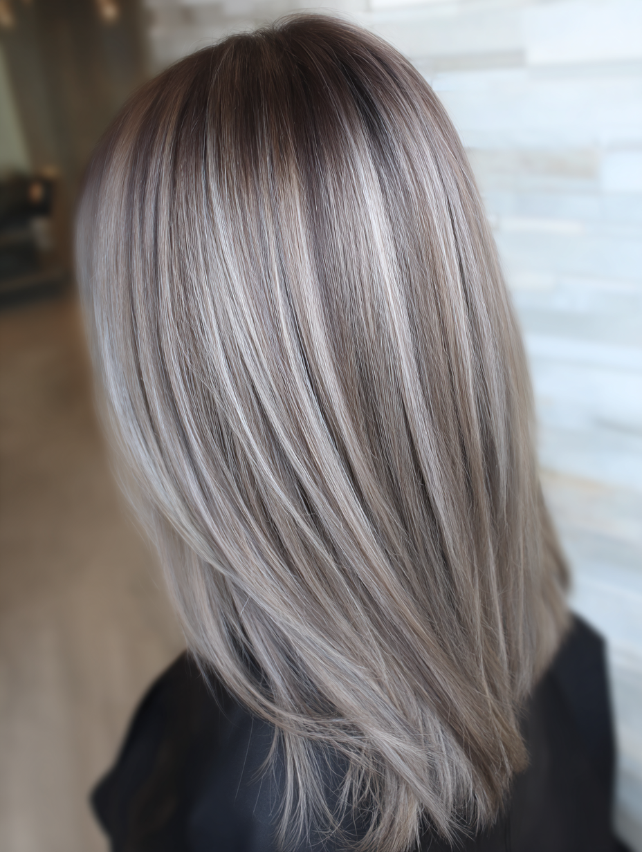 Medium ash blonde hair with sleek finish