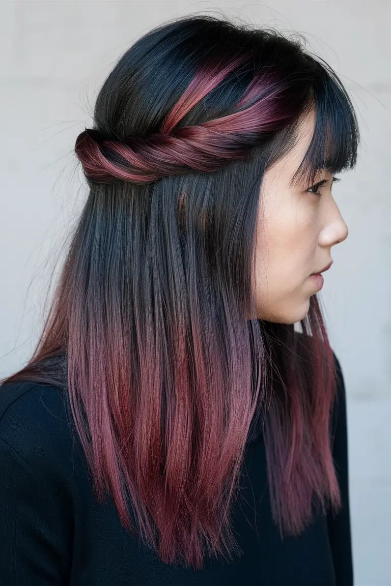 Twisted berry ombre on dark hair