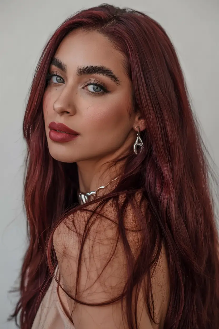 Long deep rosewood hair with sleek finish