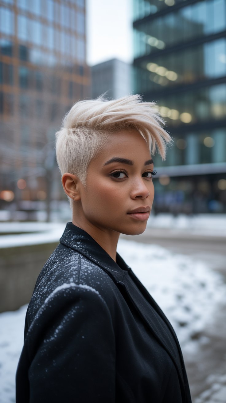 Platinum pixie cut with edgy finish
