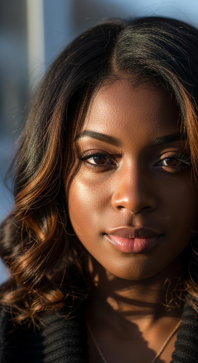 Subtle caramel highlights on dark hair