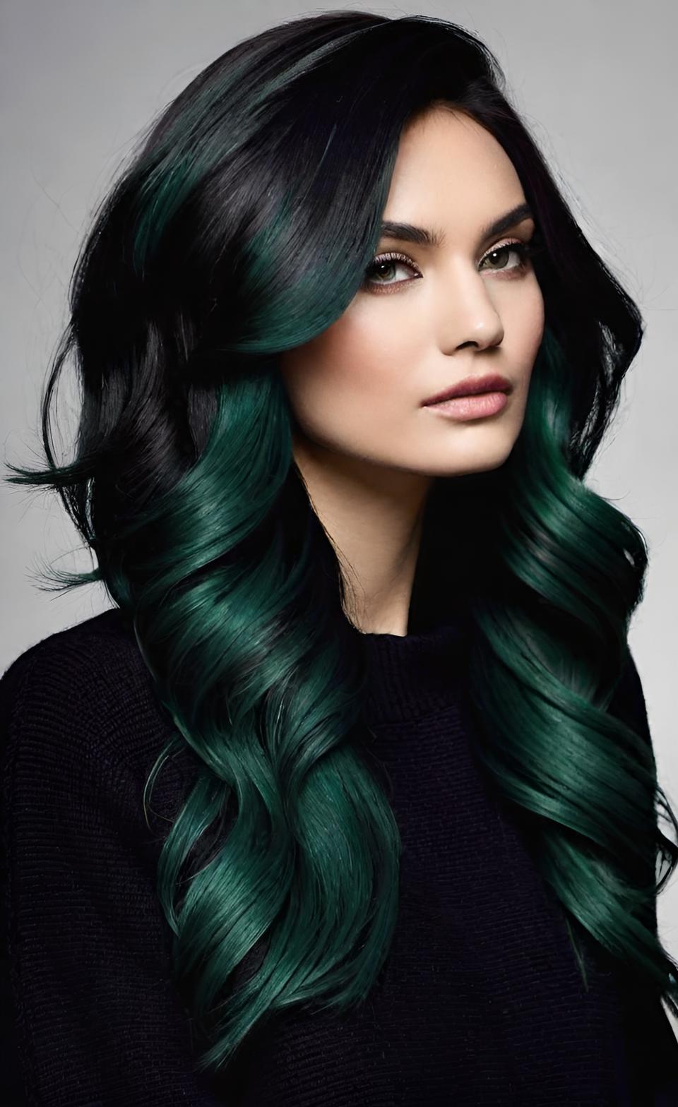 Emerald ombre waves with dark roots